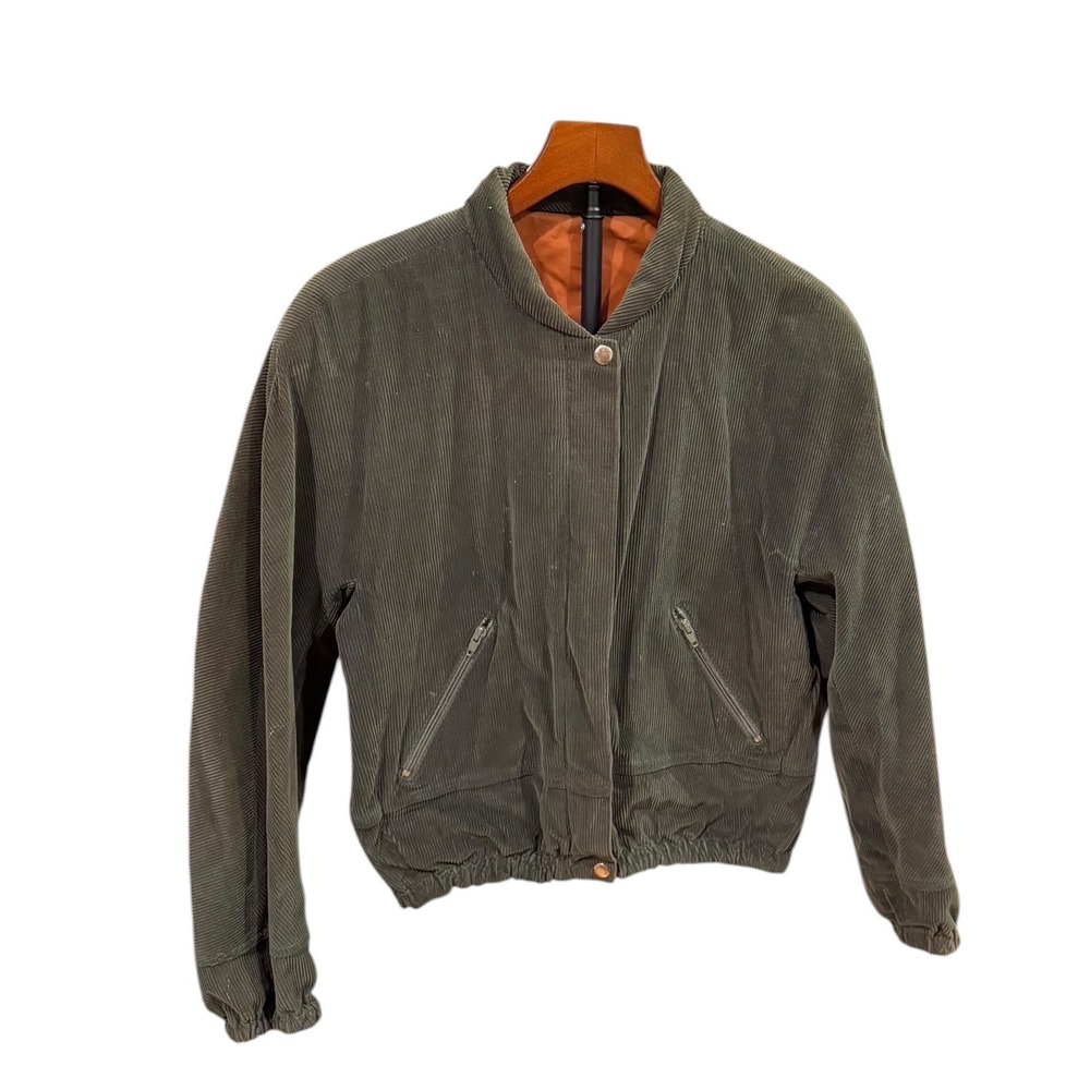 Vtg 80s Liz Claiborne Corduroy Bomber Jacket Olive Green Orange Lining‎ Womens M